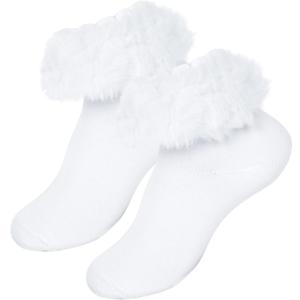 2 x Girls Ruffle Socks Toddler Frilly Lace Dress Socks with Soft Furry Ruffle Trim,1 Pack (3-5T, White)