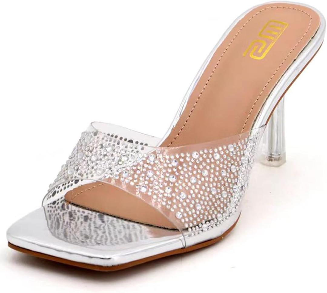 Women's Rhinestone Stiletto Sandals Elegant Square Open Toe Backless Slip-On High Heel Dress Sides Shoes with Clear Rhinestone Design for Evening Party and Wedding Events (8)