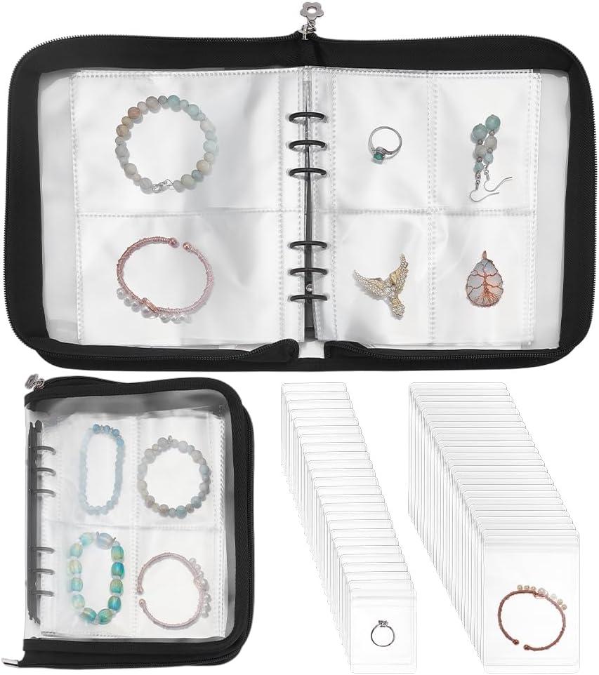 PH PandaHall Travel Jewelry Organizer Case Jewelry Storage Book Earring Binder Organizer with 75pcs Pouch Bracelet Zipper Bags for Traveling Earrings Rings Necklace Bracelet Storage