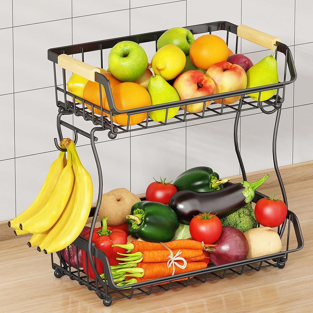 2 Tier Fruit Basket with 2 Banana Hangers, Detachable Countertop Fruit Bowls for Kitchen Counter, Metal Wire Fruit Vegetable Storage Holder Stand with Wooden Handles for Bread, Snacks, Veggies