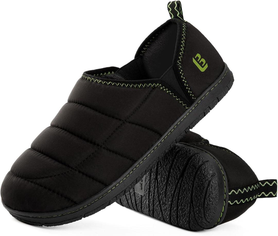 LongBay Men's Outdoor Slippers Two Tone Warm Memory Foam Slip On Indoor House Shoes bedroom Loafers (11, Black/Green)