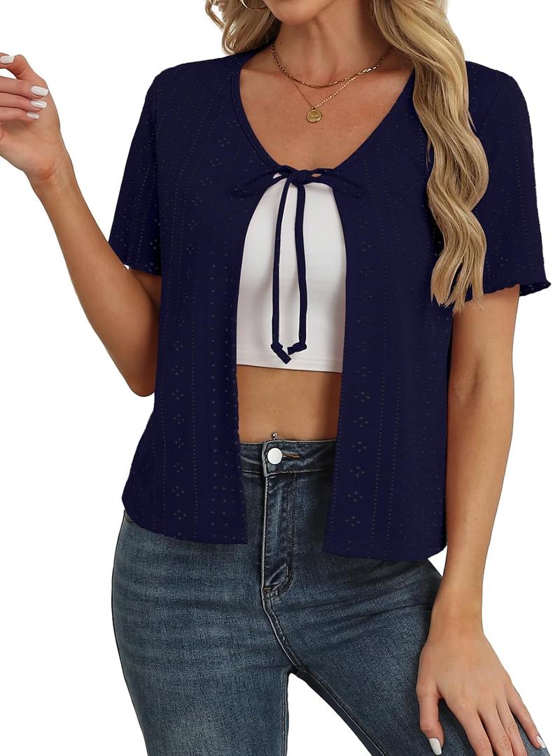 Womens Tie Front Cardigan Lightweight Short Sleeve Cardigans for Women Trendy Open Front (Blue, S)