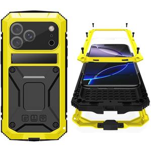 for iPhone 17 Pro Max Metal Military Heavy Duty Case, Metal Bumper Shockproof Dustproof Rugged Tough with Stand Screen Protector Camera Control Full Body Drop Protective Cover (Yellow)