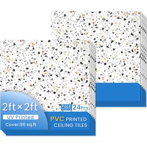 24 PCS 2x2 Ft Faux Printed PVC Ceiling Tiles, 24x24 Inch Terrazzo Speckle Scatter Ceiling Panels, Waterproof Washable Cuttable Material Ideal for Living Room Bedroom Basement Cover 96 Sq.Ft
