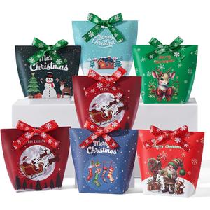 SLShePack 24PCS Christmas Treat Boxes with Ribbons,6 Patterns Gift Bags for Coworkers Decorations Boxes Party Favors BagsL3.5 x W2.2 x H5.0 inches