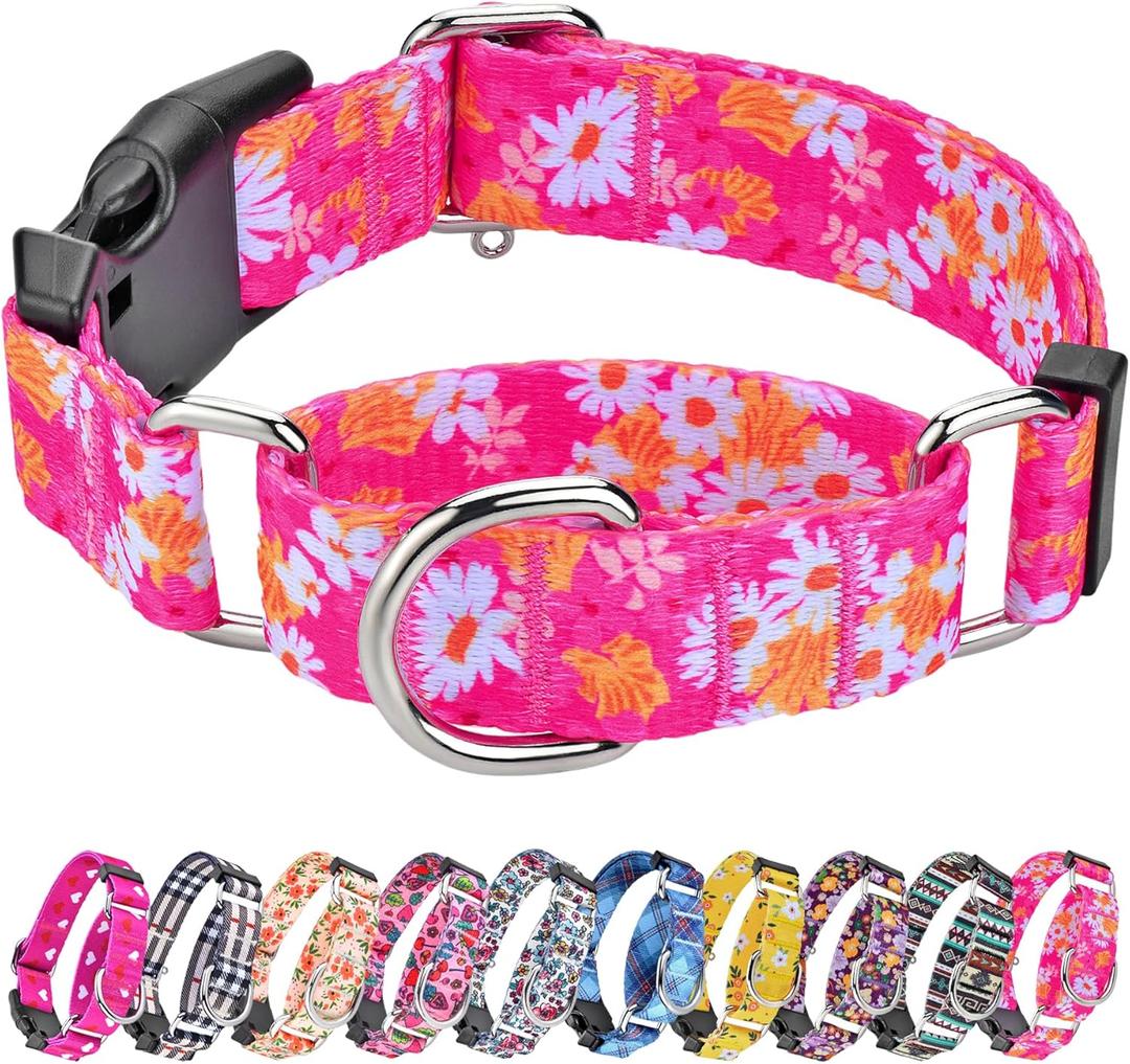 Hikiko Martingale Collar for Dogs Cute Floral Dog Collar for Small Medium Large Dogs Spring Summer Daisy Dog Collars for Girl Female Pet (Hot Pink Flower,Large)