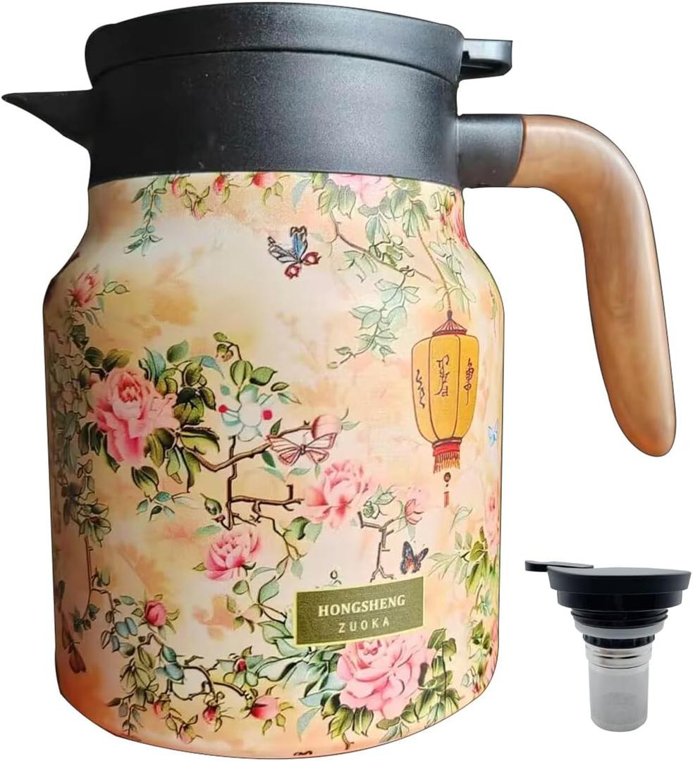 35oz Vintage Floral Teapot with Built-in Infuser - Stainless Steel Thermal Carafe, Leak-Proof Lid for Tea & Coffee (Plum Blossom)