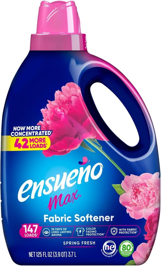 Ensueo Max Liquid Fabric Softener - Spring Fresh Scent - 125 fl oz - Color-Safe Fabric Softener Liquid - Softens 147 Loads - Reduces Wrinkles & Static