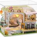 Cat Cafe Garden DIY Doll House with LED Light,Dust Cover & Music Box,English Instruction