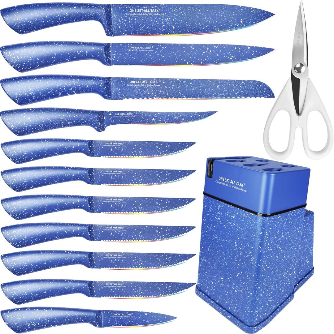 Knife Block Set,13 Pcs Kitchen Knives Set With Holder,Professional Japanese Chef Knife Set,Stainless Steel Carving Slicing Paring Bread Knife,Steak Knives, Blue Color