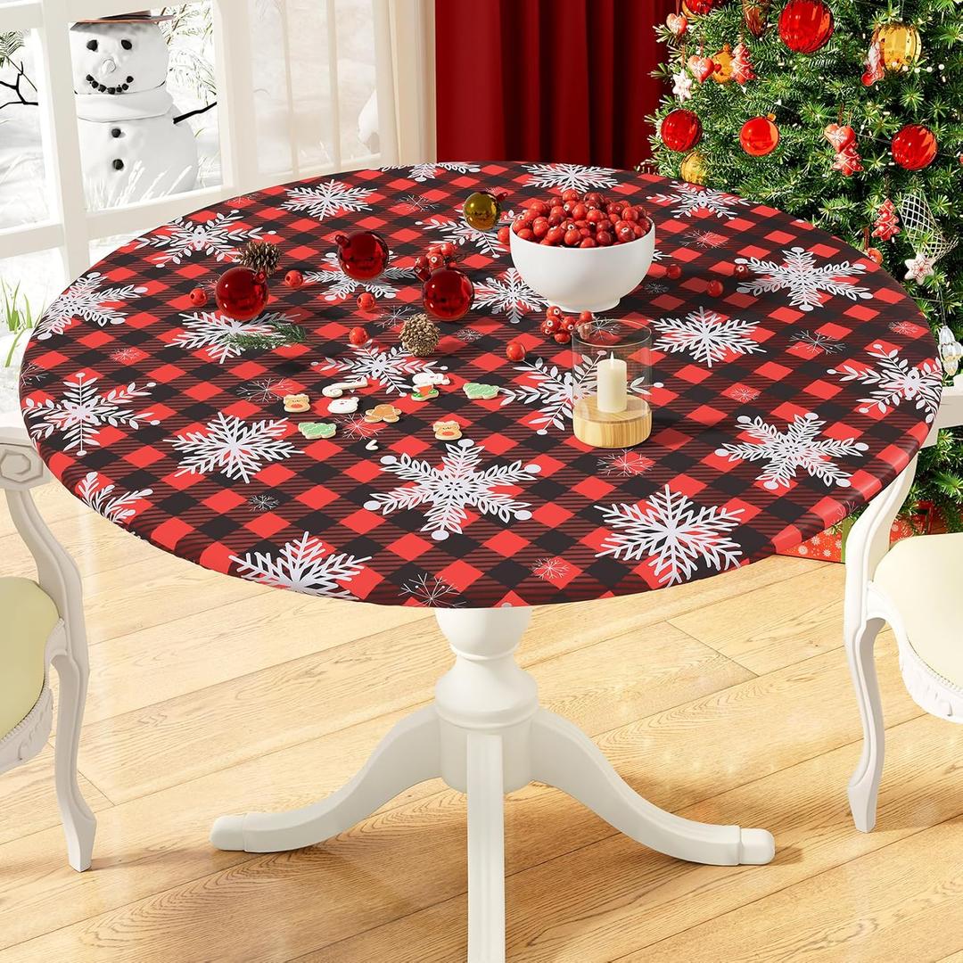 misaya Round Fitted Christmas Table Cover, Elastic Edged and Flannel Backed Tablecloth, Buffalo Plaid Vinyl Tablecloth with Snowflake Pattern, Fits 36"-44" Round Tables (Red & Black)