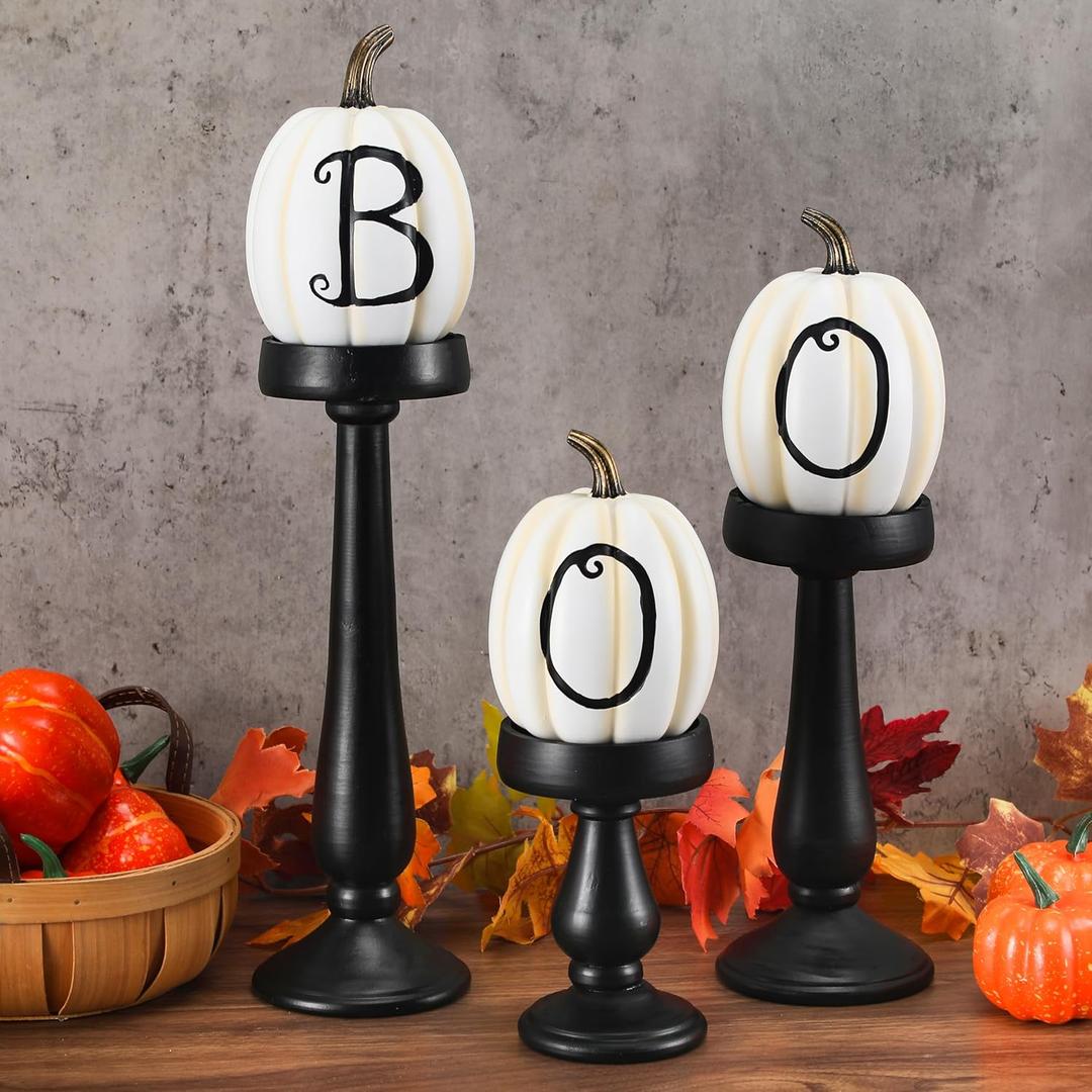 Set of 3 Lettered White Pumpkins on Candleholders Halloween Home Decorations Indoor Boo Pumpkins for Fall Autumn Home Decoration