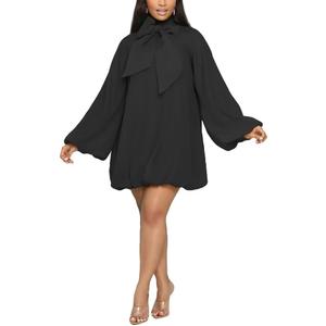 Yanfoam Women's Puff Long Sleeve Sweetheart Round Neck Dress Flowy Loose Chiffon for Cocktail Party Mini Dress (Large, Black)