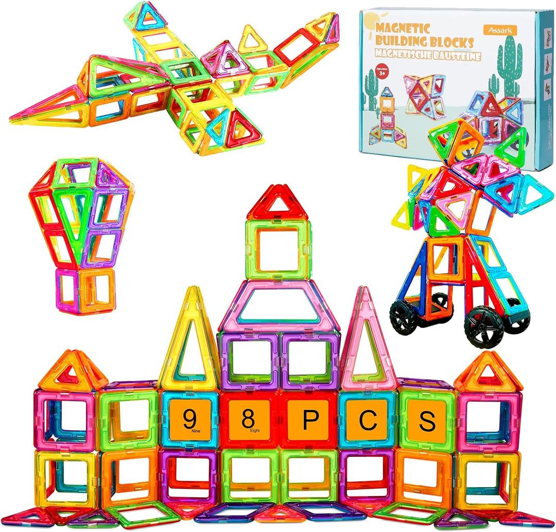 Assark Magnetic Tiles 98pcs, Magnet Blocks Kids Toys, Building Blocks Set Construction 3D Castle for 3, 4, 5, 6, 7, 8 Years Old Girls Boys, STEM Preschool Toys for Gift