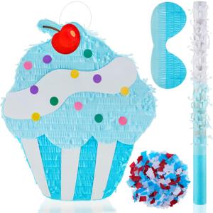 Cupcake Piata for Birthday Party Blue Girls Piata with Stick Blindfold Confetti Large Ice Cream Piatas for Kids Baby Shower Wedding Party Supplies Decor, Blue