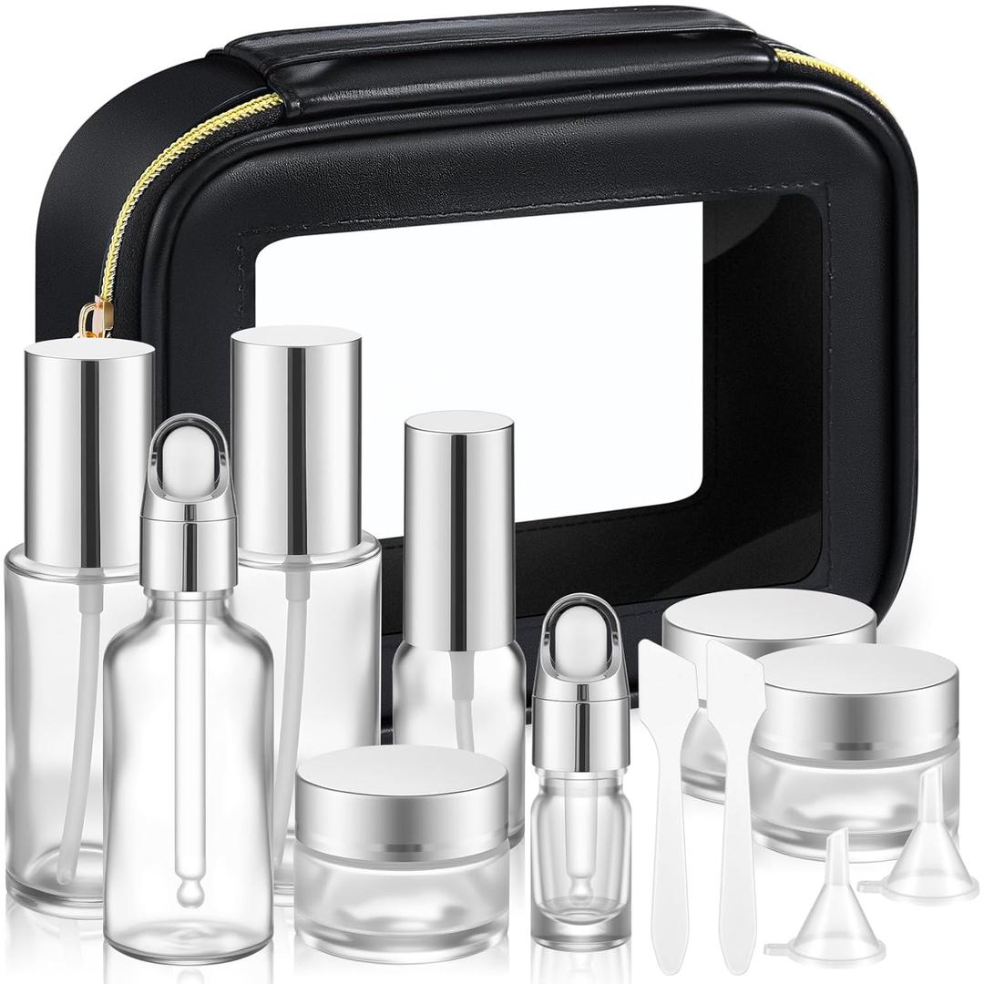 13 Pcs Glass Skincare Travel Containers Mini Makeup Containers Travel Size Toiletries Bottles with Pump Spray and PU Leather Toiletry Bag for Liquid Serum Cream Moisturizers Oils (Silver)