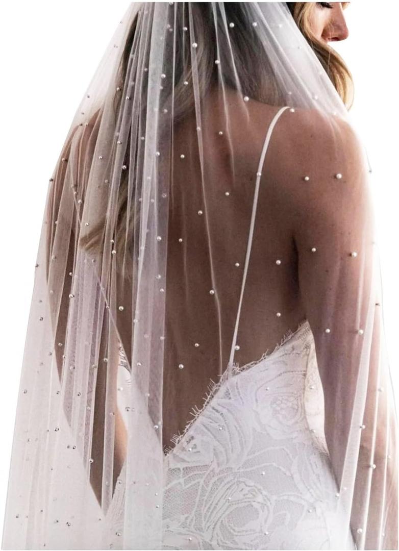 1 Tier Pearl Wedding Bridal Veil With Metal Comb F55 (Cathedral Length (118 inches), Ivory)