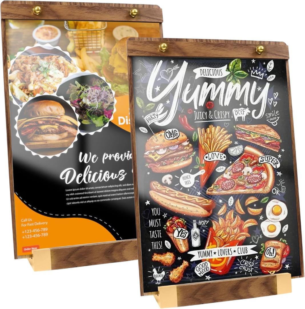 2 Pack Acrylic Sign Holder 8.5 x 11 Inch with Wood-Color Base, Vertical L-Shape Tabletop Display Sign Holder for Store/Coffee Shop/Restaurant Menu Display Hotel/Office Poster Display