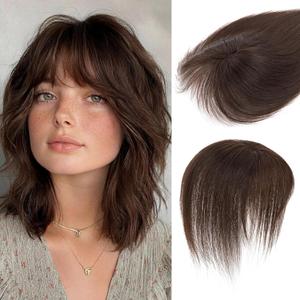 S-noilite Hair Toppers for Women Real Human Hair,10Inch Human Hair Topper with Bangs 8X11CM Lace Base 360°3D Cover Clip in Topper Hairpieces for Women Daily Wear Chocolate Brown