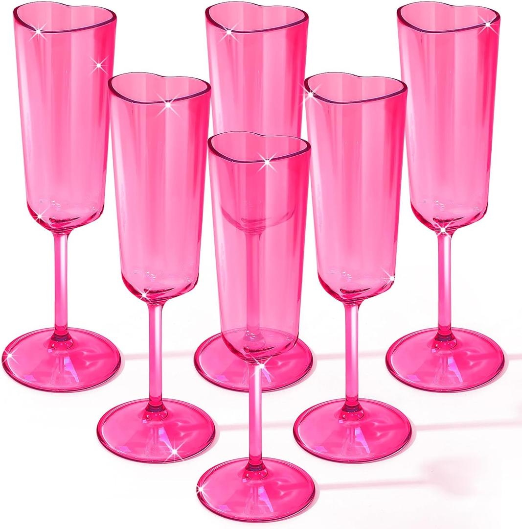 6 Pcs Valentines Day Heart Shaped Champagne Flutes 6 oz Fuchsia Wedding Champagne Flutes Galentines Party Wine Cups Acrylic Glasses for Valentines Wedding Galentine Bachelorette Party Supply