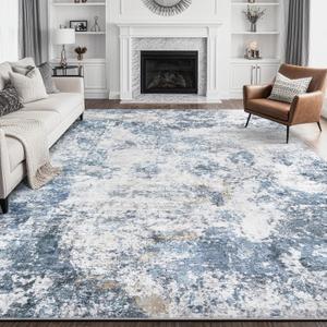 Living Room Area Rugs - 8x10 Abstract Large Soft Indoor Washable Rug Neutral Modern Low Pile Carpet for Bedroom Dining Room Farmhouse Home Office - Blue