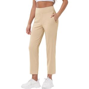 25"/27" Womens Golf Pants Stretch Travel Ankle Cropped Pant High Waist with Zipper Pockets 7/8 Work Business Casual (X-Small, Khaki)