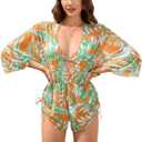 COZYEASE Women's 2025 Summer 3 Piece Swimsuits Tropical Print Bikini Set Halter Drawstring Bathing Suits with Cover Up (Medium, Orange)