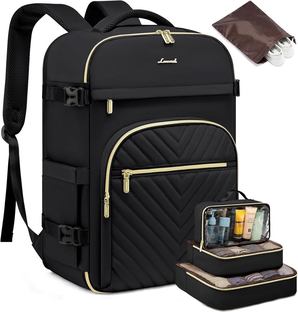 LOVEVOOK Large Travel Backpack for Women, 50L Carry on Backpack for Airplanes, TSA Personal Item Travel Bag for Women fits 18" Laptop, Waterproof Carry on Bags with 4 Packing Cubes, Black