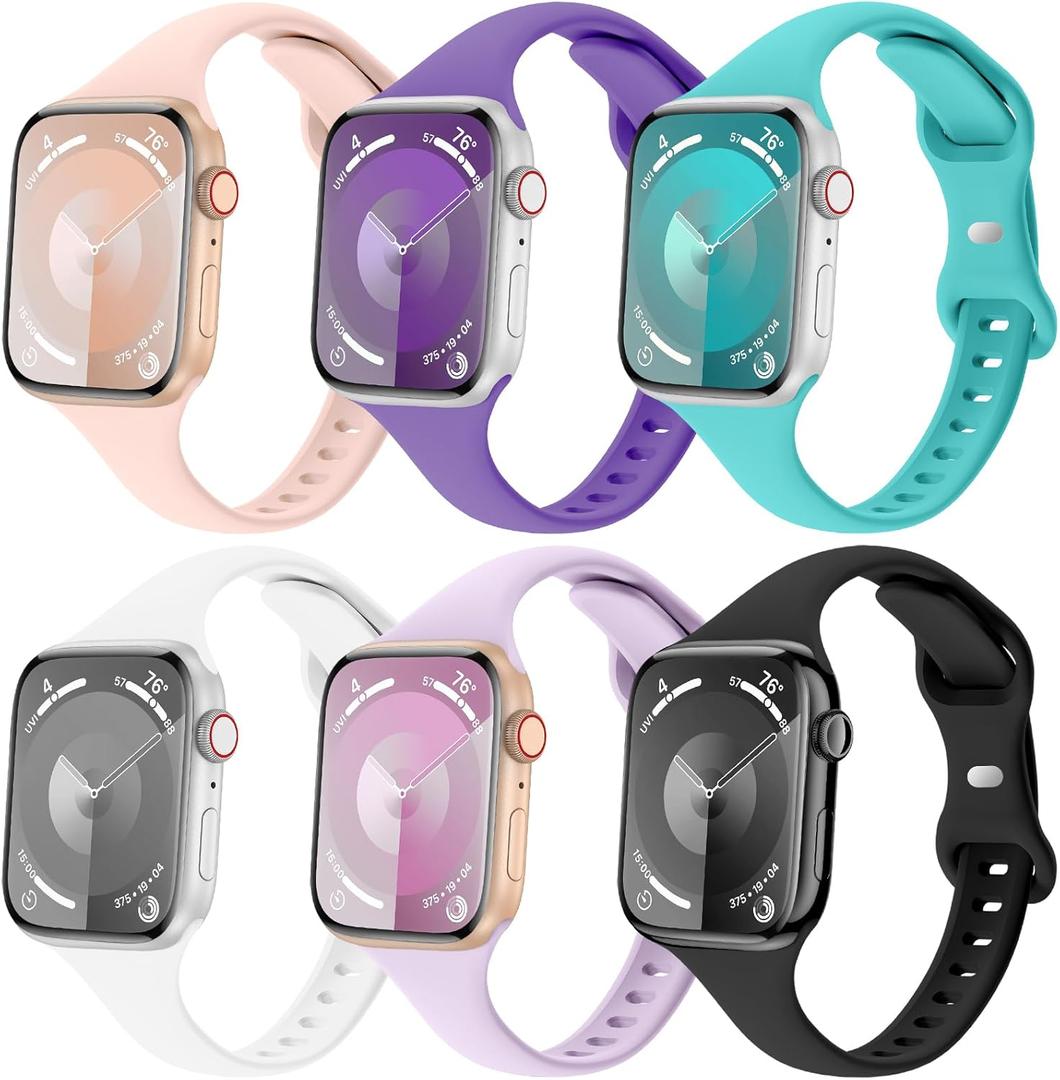 6 Pack Slim Thin Bands Compatible with Apple Watch 38mm 40mm 41mm 42mm Women Men, Replacement Soft Silicone Sport Strap for iWatch Series 11/10/9/8/7/6/5/4/3/2/1 Ultra SE