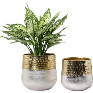 MyGift Round Two-Toned Indoor Planter Pot, Hammered Brass and Milled Embossed Silver Tone Metal Planter Vase, Set of 2 - Handcrafted in India