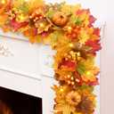 Fall Garland with Lights, 6 FT Fall Garland for Mantle, Fall Decorations with Maple Leaves Lifelike Pumpkins & Berries for Mantle Table Centerpiece Thanksgiving Fall Home Decor