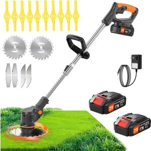Electric Weed Wacker 21V String Trimmer with 2 Li-ion Battery 1 Charger and 16 Cutting Blades Weed Wacker for Lawn Yard Garden Bush Trimming & Pruning (Black)