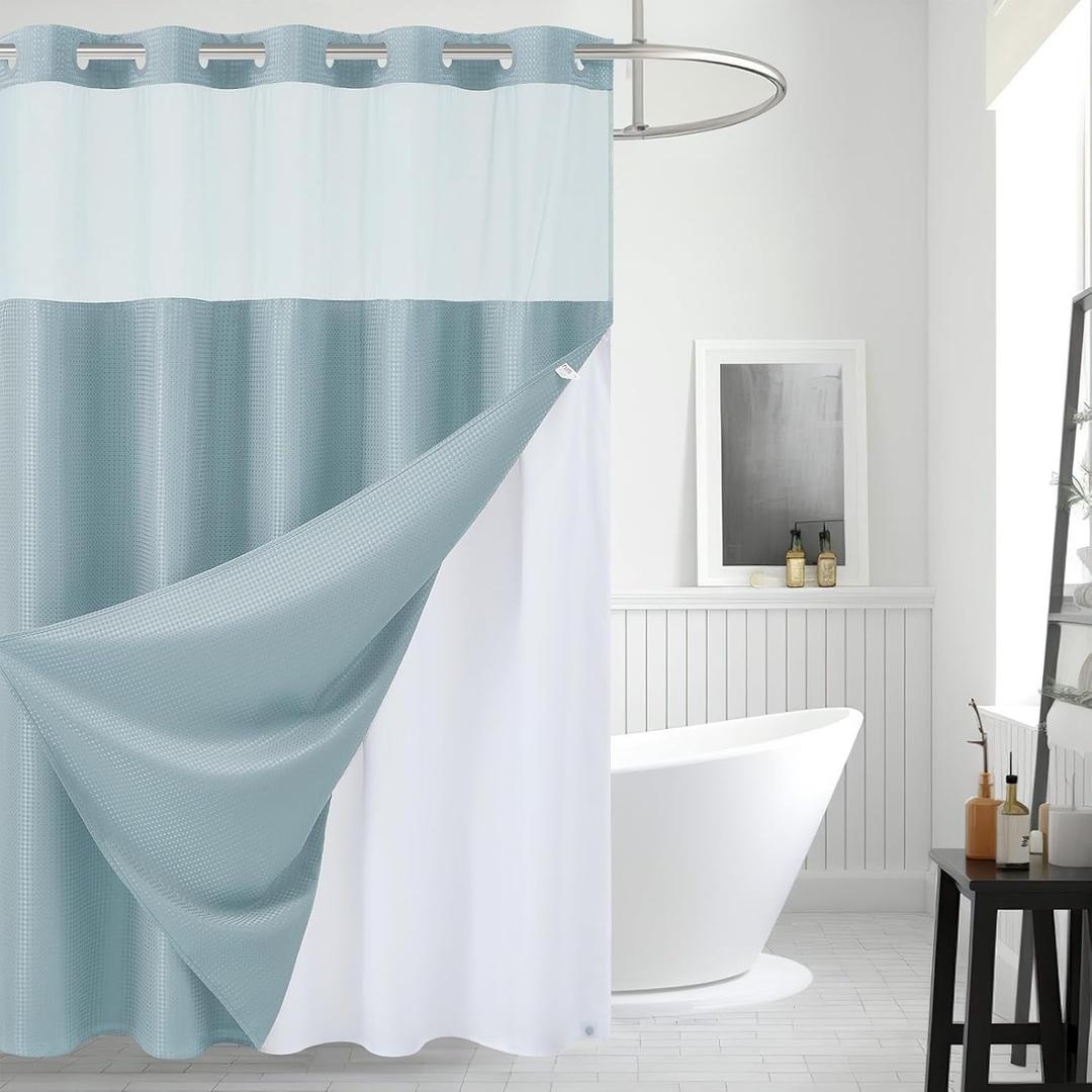 Extra Long Waterproof Bath Curtain 71x84 Fabric,Cloth Shower Liner with 12 Snap Buttons, Magnetic Hem with Fog Blue Waffle Weave Texture,No Hook Hotel Grade Machine Washable Curtain,Top Sheer Window.
