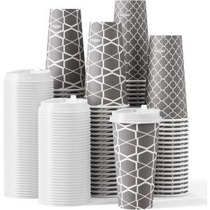 JOLLY PARTY Disposable Coffee Cups with Lids -20 oz (100 Sets) To Go Cups, Paper Coffee Cups for Beverages Espresso Tea, Suitable for Cafes, Offices and Home