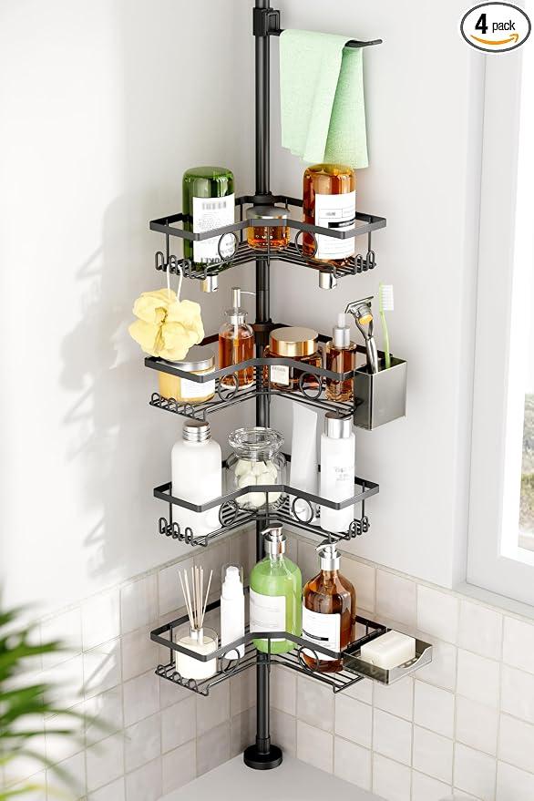 Adjustable Tension Pole Shower Caddy: Rustproof Corner Bathroom Organizer 4-Tier 31-124" No Drill Standing Shelves Fits Apartments Rentals Bathroom Bathtub, for Shampoo, Conditioner, Bath Essentials, Item Shape: L-Shape