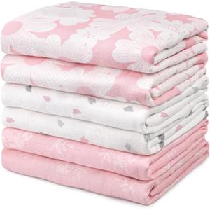 GLLQUEN BABY Receiving Blanket Boy Cotton Muslin Swaddle Blankets Girl Newborn Squares Breathable & Soft Thin Baby Blankets Cloths Double Absorbent Infant Swaddling Wrap - 6 Pack (Rosebud)