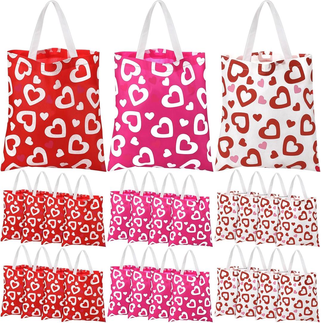 24 Pcs Valentine's Heart Printed Tote Bag Reusable Non Woven Valentine's Party Shopping Bags Bulk Red Pink Heart Decorated Couple Gift for Women Anniversaries Wedding Birthday