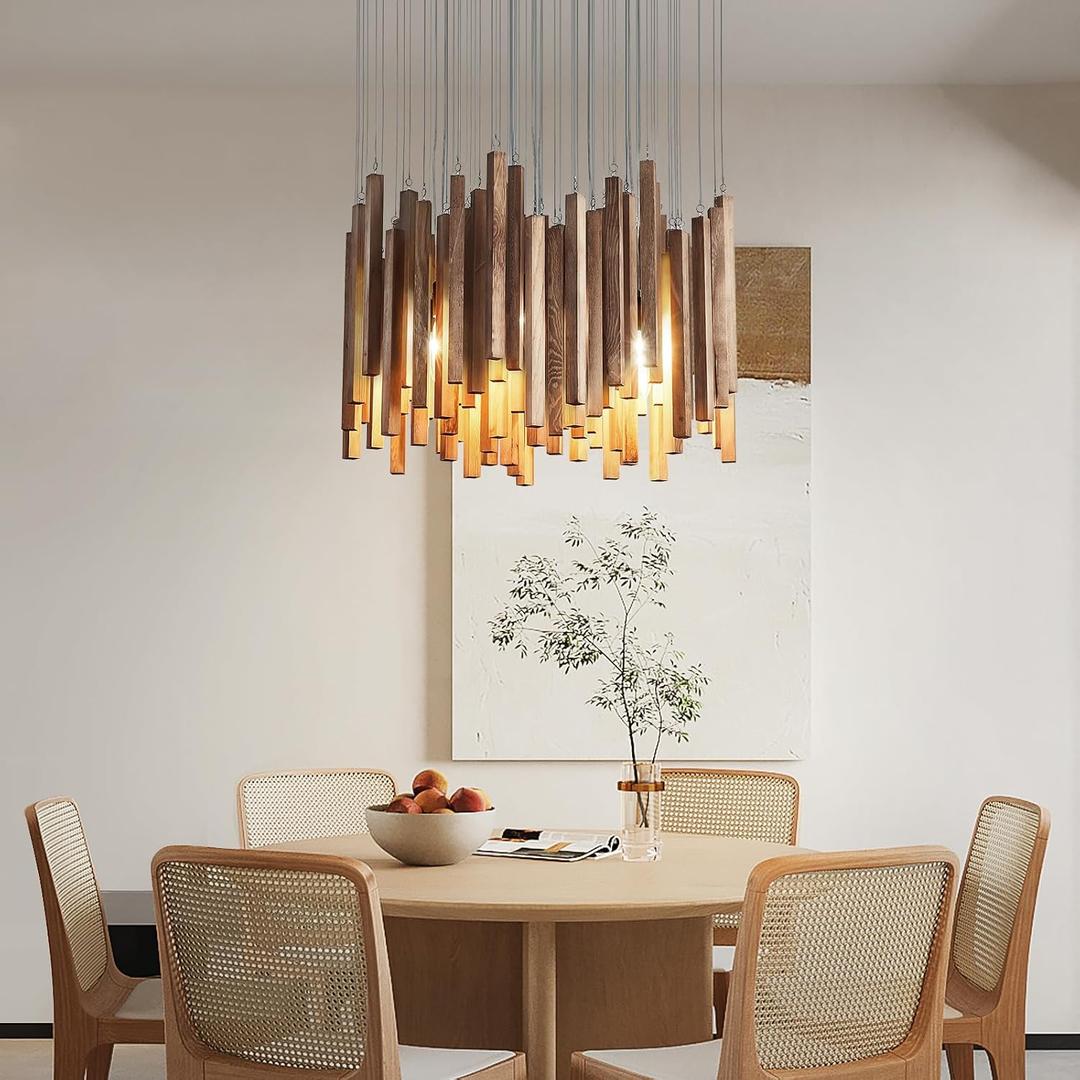 8 Light Farmhouse Wood High Ceiling Chandelier Rustic Large Ceiling Light Fixture Hanging Pendant Light for Dining Room Living Room Foyer Staircases Kitchen Island.
