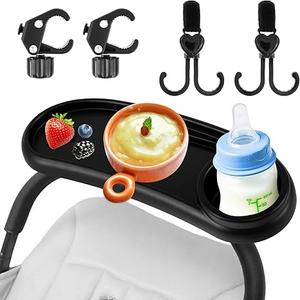 Universal Stroller Snack Tray with Cup Holder and Silicone Flexible Arms Gripper, Black Adjustable BPA-Free Non-slip Snack Tray for Stroller Accessories Easy to Clean