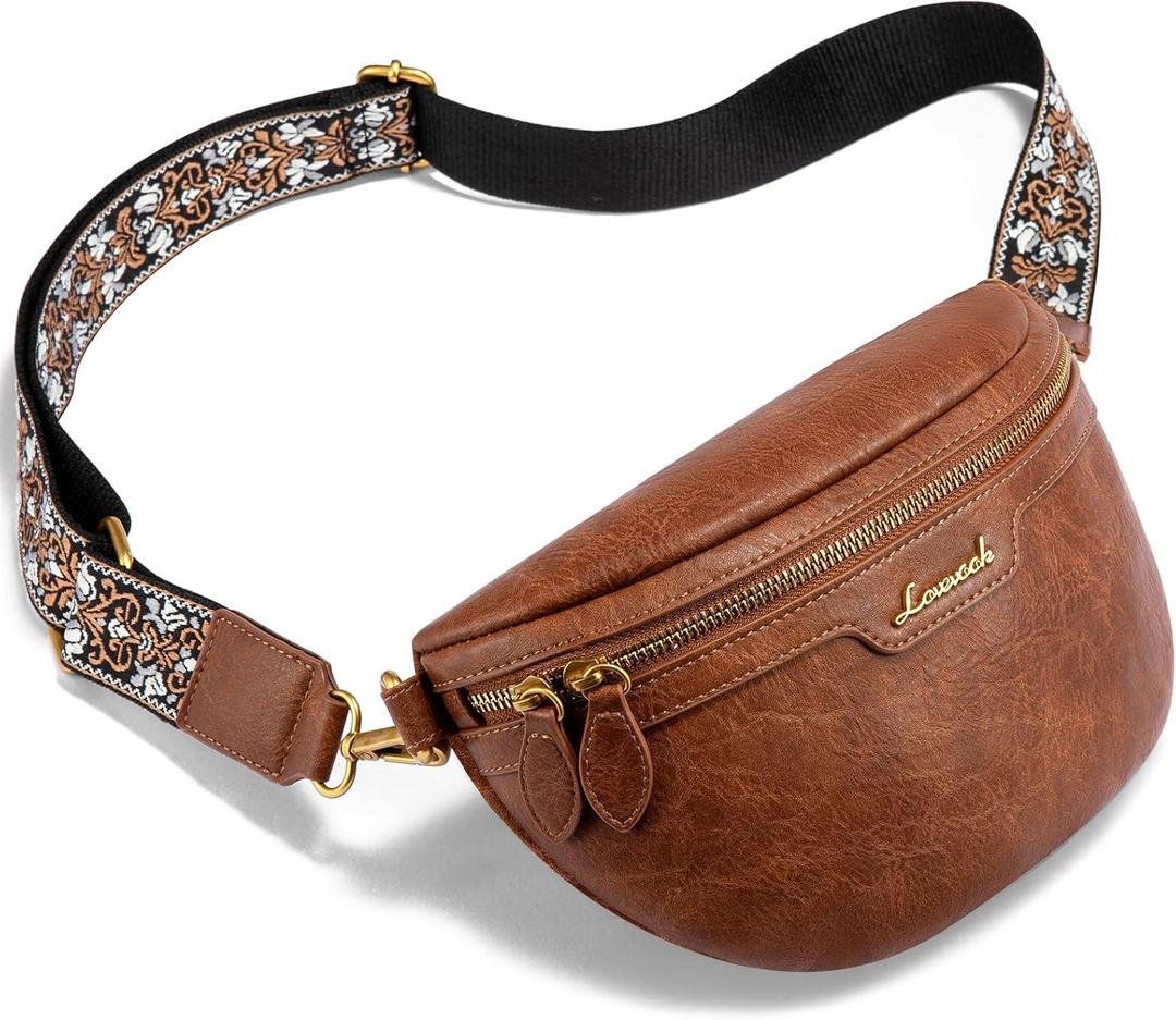 LOVEVOOK Fanny Packs for Women Cross Body, Vegan Leather Belt Bag for Women, Waterproof Sling Purse Fashion Waist Pack Designer Chest Bum Bag with Boho Style Strap (Brown)
