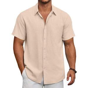 COOFANDY Men's Short Sleeve Button Down Shirts Summer Casual Textured Shirt Vacation Beach Wedding Shirts with Pocket (Beige, M)
