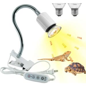 Reptile Heat Lamp,UVA UVB Reptile Light with 360°Rotatable Hose and Timed with 2 Bulbs(25W,50W),Basking Calcium Light Heat Lamp Bulbs for Turtle,Bearded Dragon,Lizard,Snake Tank(White)
