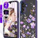 for Samsung Galaxy A17 5G Case+Tempered Glass Screen Protector,Military Grade Protective Slim Soft TPU +Hard PC,Girls Women Crystal Clear Flower Pattern Cover for Galaxy A17 5G-Deep Purple