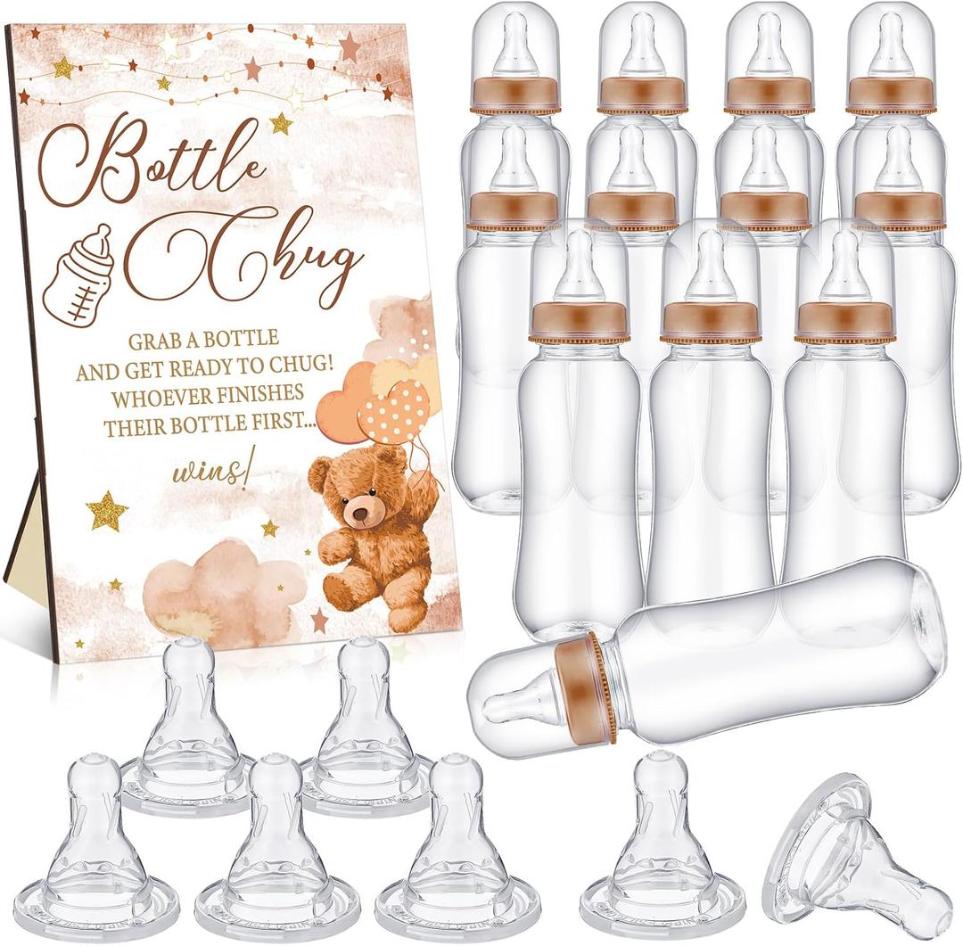 Bear Cool Baby Shower Games Bottle Chug Sign Wooden Brown Theme Gift Sets Gender Reveal Party Favors and 12 Pcs Baby Bottle Shower Favor for Gender Reveal Party Decor(Bear)