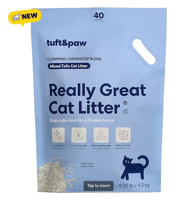 Tuft & Paw Really Great Cat Litter OdorStop Mixed Tofu Litter, Low-tracking, Multi-Cat Strength, Grey, 9.25 lbs.