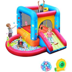 Step4Fun Inflatable Bounce House, Kids Castle Slide Bouncer for Children Jumping Outdoor and Indoor Party, Baby Backyard Water Jumper Toy with Blower, Ball Pit Pool, Ideal Gifts112 x 98 x 65