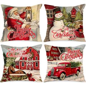 Lanpn Vintage Merry Christmas Throw Pillow Covers 16x16 Set of 4, Decorative 16 inch Retro Xmas Santa Cushion Covers Pillow Cases for Home Bedroom Room Holiday Couch Decor Decorations, Red 