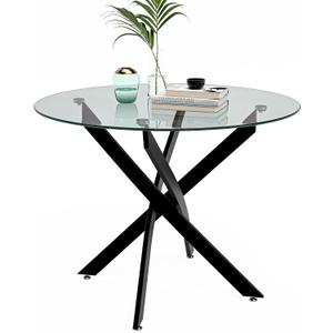 Round Dining Table for 2-4, 31.5 Inch Tempered Glass Small Circle Kitchen Table with Metal Black Legs, Modern Dining Room Table for Kitchen Dining Room (Black), 31.5" x 31.5" x 29.5"