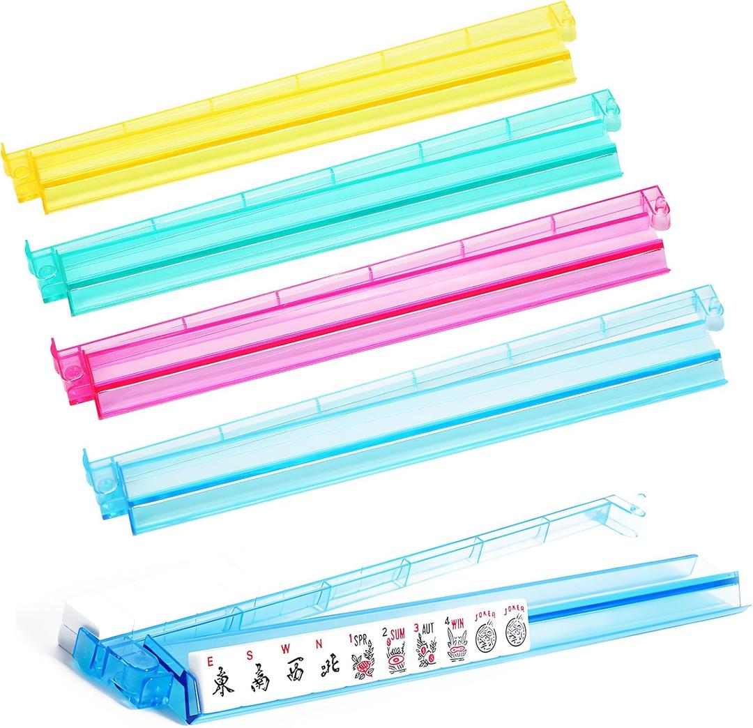 Mahjong All-in-One Tile Rack & Pusher, Clear Acrylic Mahjong Rack and Pusher Combo, Modern American Majiang Tile Racks Set of 4 (Multi-Color)