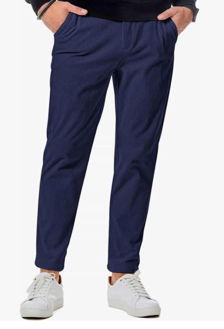 JMIERR Mens Casual Corduroy Pants Flat Front Elastic Waistband, Size L
